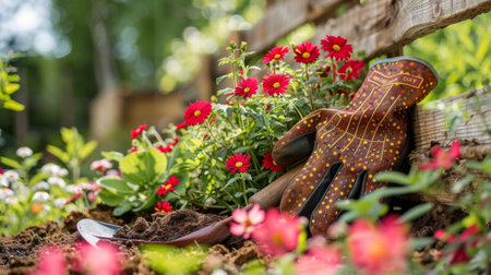 Gardener's gloves and trowel next to a blooming flower bedの素材