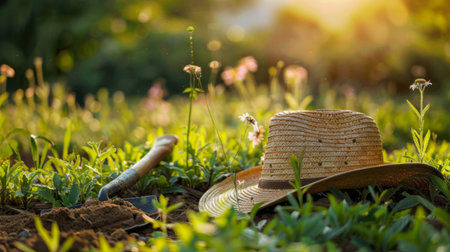 Farmer's hat and shovel in a lush, green fieldの素材