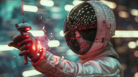 A fencer scoring a touch, with the electronic scoring apparatus lighting upの素材