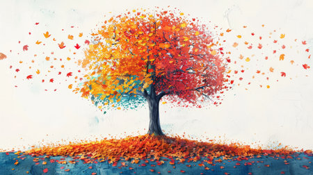 Colorful autumn leaves surrounding a stark, bare tree, depicting changeの素材