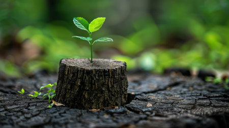 New shoot growing from a stump, illustrating resilience and rebirthの素材