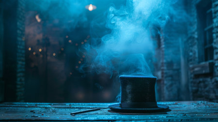 Magician's hat and wand on a mysterious, dark stageの素材