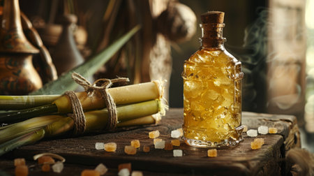 A stalk of sugarcane next to a bottle of rum, spirited sweetnessの素材