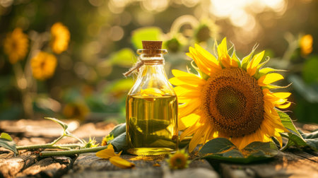 A sunflower with a bottle of sunflower oil, sunlight capturedの素材