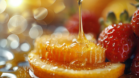 Honey dripping on fruit, representing nourishing natural face masksの素材
