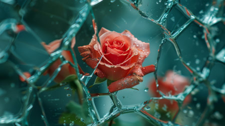 Shattered mirror reflecting a blooming rose, symbolizing beauty in flawsの素材