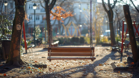 Lonely swing in a bustling playground, depicting isolation in a crowdの素材