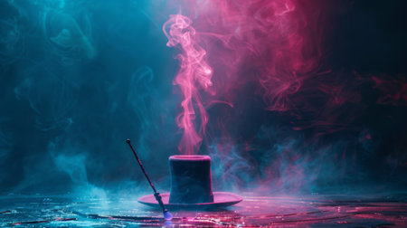 Magician's hat and wand on a mysterious, dark stageの素材