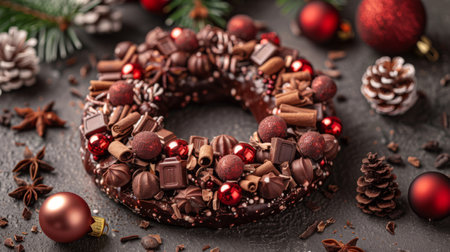 A chocolate wreath, decorated with cocoa nibs, festive indulgenceの素材