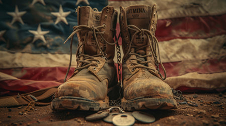 Soldier's boots and dog tags on an American flag backgroundの素材