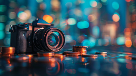 A camera focusing on a coin, with the background revealing a financial empire, illustrating focus on investments.の素材