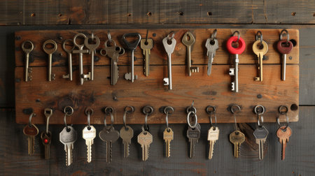 Locksmith's picks and keys on a keychain boardの素材