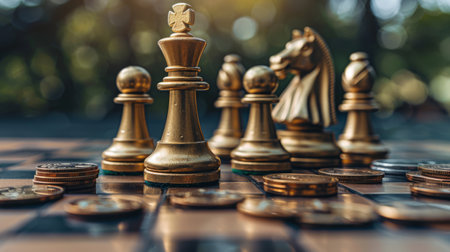A chessboard where each move increases the pile of coins, symbolizing strategic financial moves.の素材