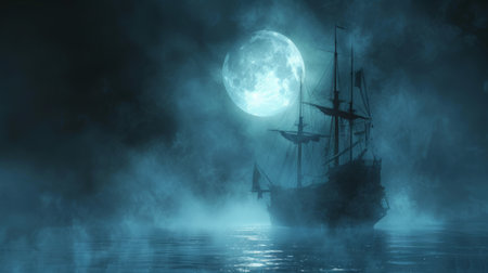 A ghost ship emerging from the fog at midnight, full moon aboveの素材