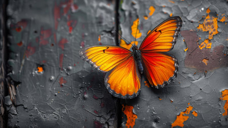 Vibrant butterfly on a monochrome wall, showcasing transformationの素材