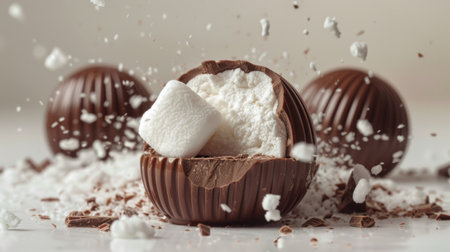 A chocolate shell breaking to reveal marshmallow inside, surpriseの素材