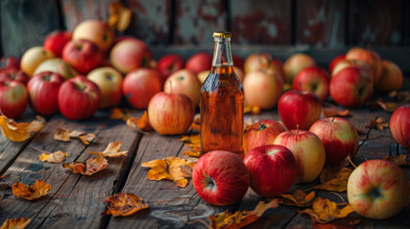 A pile of apples with a bottle of organic cider, autumn harvestの素材