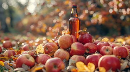 A pile of apples with a bottle of organic cider, autumn harvestの素材
