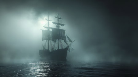 A ghostly pirate ship vanishing into the fog, legend sailsの素材