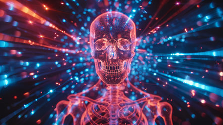A holographic representation of the human skeleton, bones made of lightの素材
