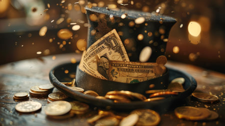 A magician's hat from which banknotes and coins are pulled out, showing the magic of compound interest.の素材