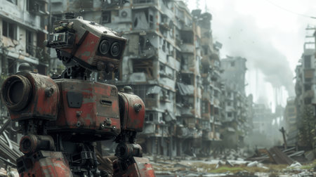 A robotic sentinel deactivated in a post-apocalyptic city, forgotten guardの素材