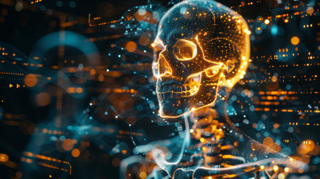 A holographic representation of the human skeleton, bones made of lightの素材