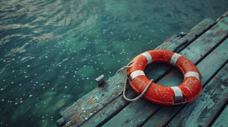 A lifebuoy hanging on a lonely dock, silent lifesaverの素材