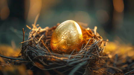 A nest egg that cracks open to reveal a golden egg, showing the fruits of patient investing.の素材