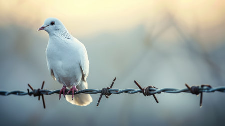 Peaceful dove perched on a barbed wire, symbolizing hope for peaceの素材