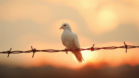 Peaceful dove perched on a barbed wire, symbolizing hope for peaceの素材