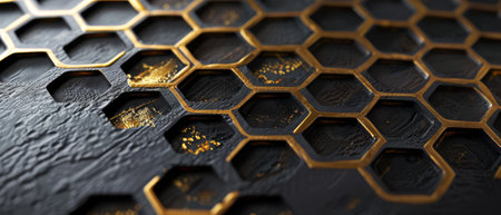 Luxurious dark metal with gold honeycomb pattern, modern eleganceの素材