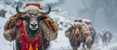 Yaks in snowy conditions, showcasing thermal clothing and traditional craftsの素材