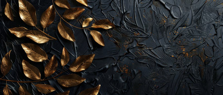 Black metal background with a textured gold leaf patternの素材