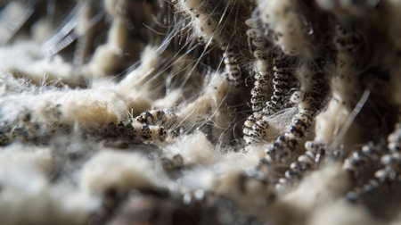 Active silkworms on a farm, showcasing fine silk thread and textilesの素材