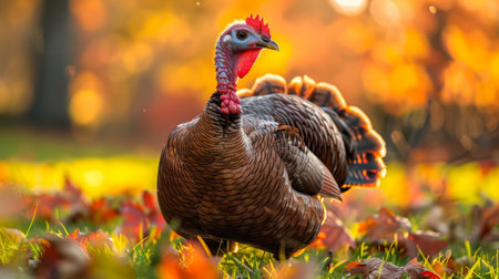 Turkeys on a pasture, array of holiday-themed turkey productsの素材
