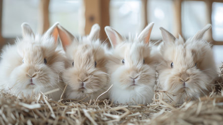 Angora rabbits on a soft bed of hay, display of ultra-soft angora wool productsの素材