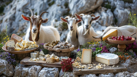 Goats climbing rocky terrain, artisanal cheeses laid out on a rustic tableの素材