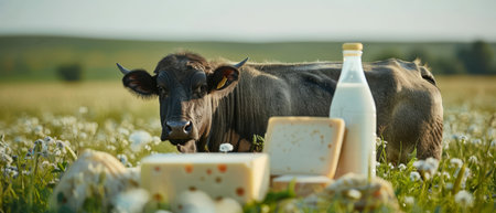 Buffalo in a lush field, bottles of buffalo milk and blocks of cheeseの素材