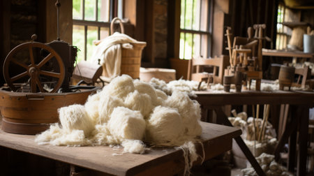 Angora wool spinning in a cottage industry setting, from raw fiber to finished garmentsの素材