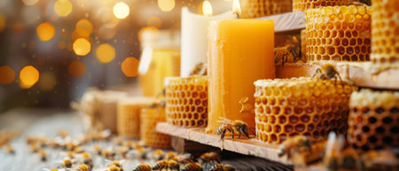 Close-up of bees at work in hives, various types of honey and beeswax candlesの素材