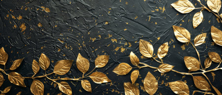 Black metal background with a textured gold leaf patternの素材