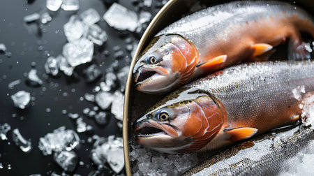 Lively salmon swimming upstream, high-quality canned salmon displayedの素材