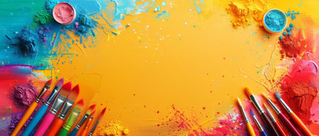 Summer art fair sales banner, border of art supplies and canvases, creative art colors, art enthusiast copy spaceの素材
