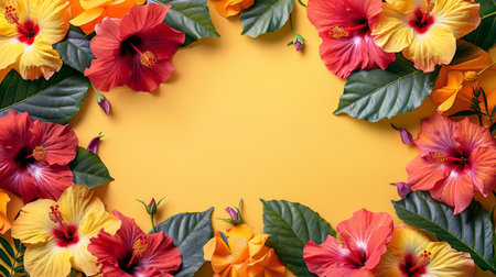Vibrant hibiscus flowers frame, hot summer sales promo, text space at centerの素材