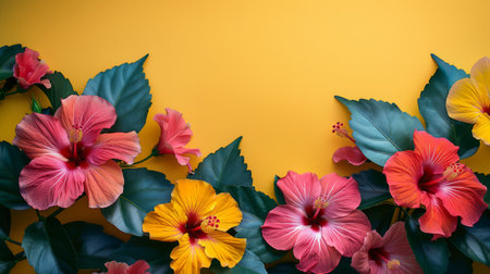 Vibrant hibiscus flowers frame, hot summer sales promo, text space at centerの素材