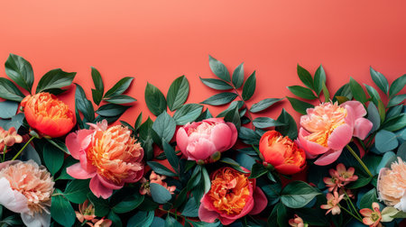 Summer floral workshop sales design, border of blooming peonies and floral tools, workshop colors, floral offers copy spaceの素材