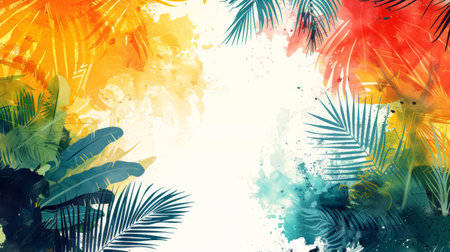 Artistic summer sales design, abstract tropical pattern border, splash of summer colors, ample white space for textの素材
