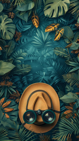 Jungle safari hats and binoculars border, adventure sales promo in spaceの素材