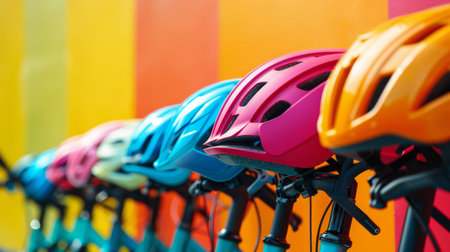 Bright minimalist summer bike sale, border of bicycles and helmets, vivid colors,の素材